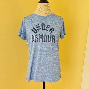 Under Armour Heather Blue Loose Fit Tee with Black Lettering. Heat Gear